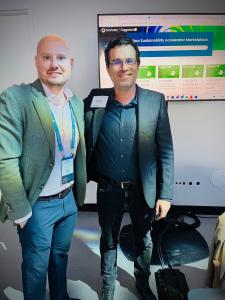 Vincent de Montalivet, Director of Sustainability Data Practice and I&D North America, and Vincent de la Mar, Founder and CEO Sustaira, share the Sustainability Marketplace during Climate Week 2024.